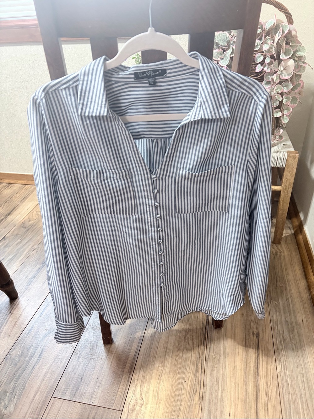 Velvet Heart Blue and White Vertical-Striped Button-Down Shirt